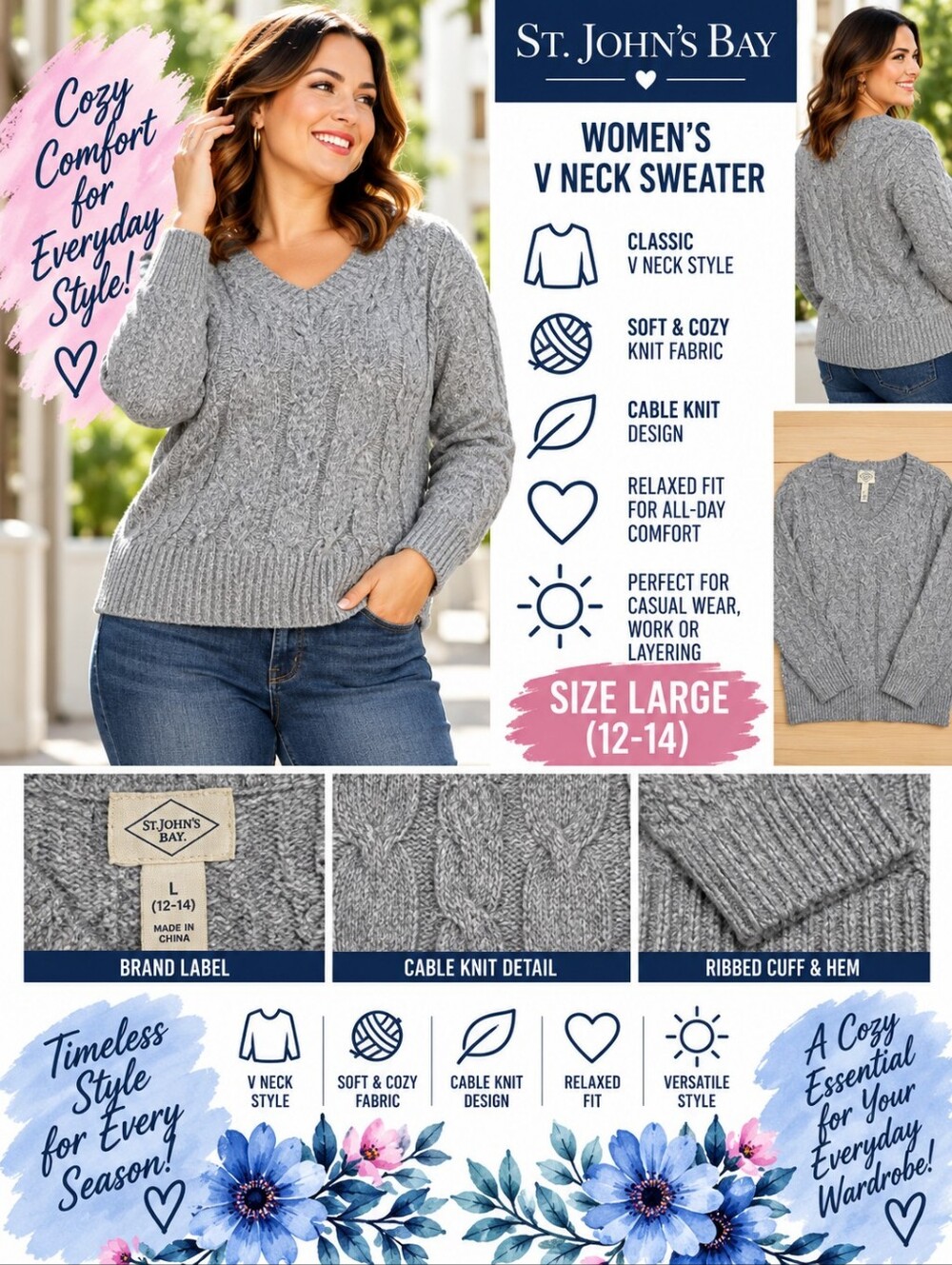 St johns bay Women's large grey v neck sweater #35